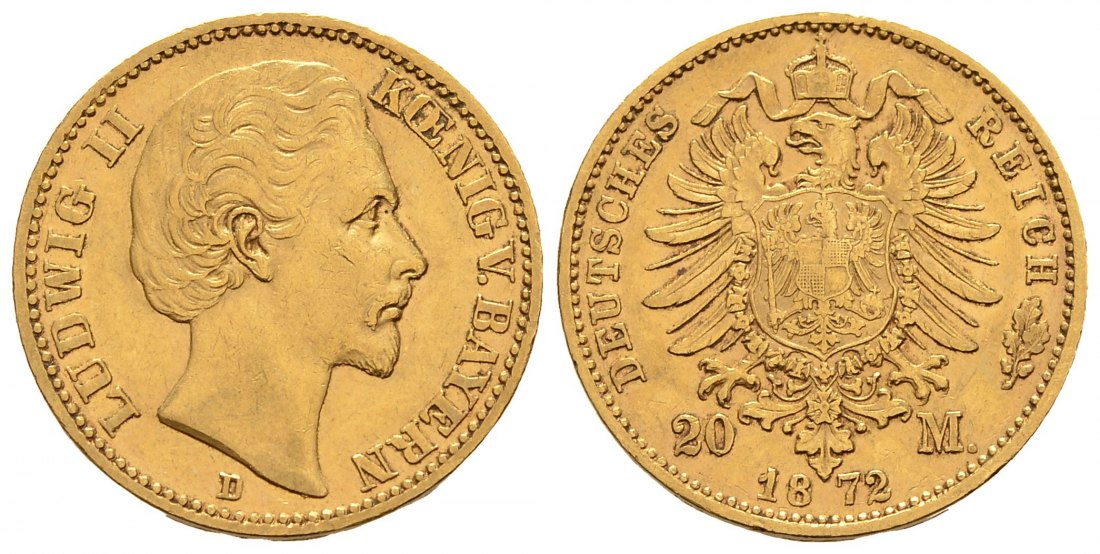 PEUS 9117 Kaiserreich - Bayern 7,17 g Feingold. Ludwig II. (1864 - 1886) 20 Mark GOLD 1872 D München Sehr schön
