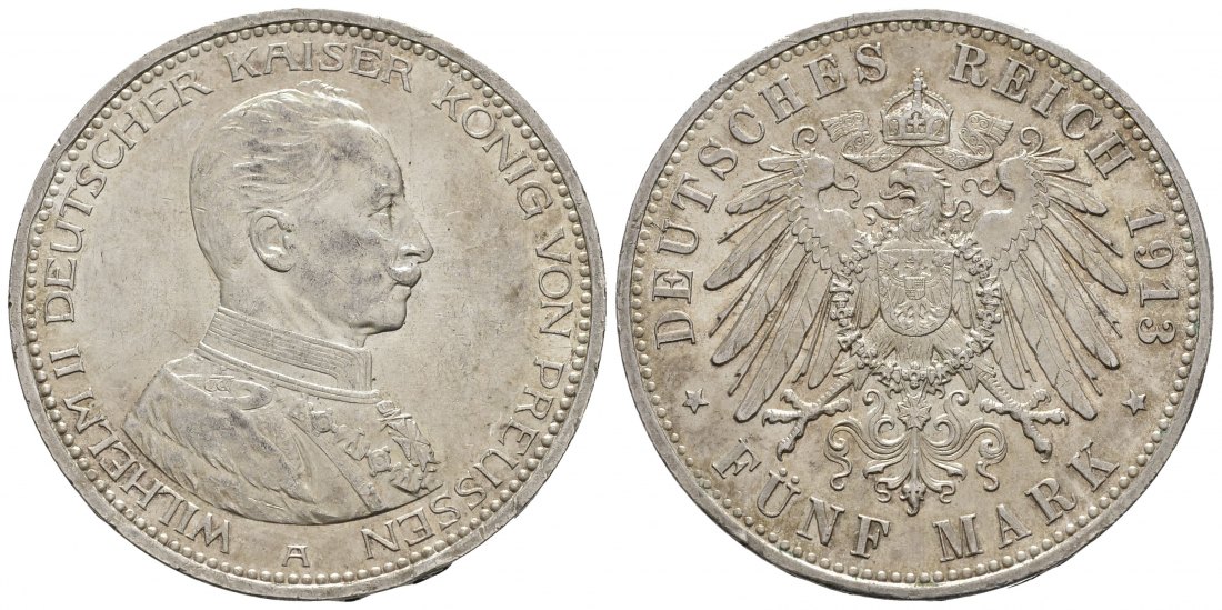 PEUS 9126 Kaiserreich - Preußen Kaiser in Kürassieruniform 5 Mark 1913 A Kl. Kratzer, Vorzüglich