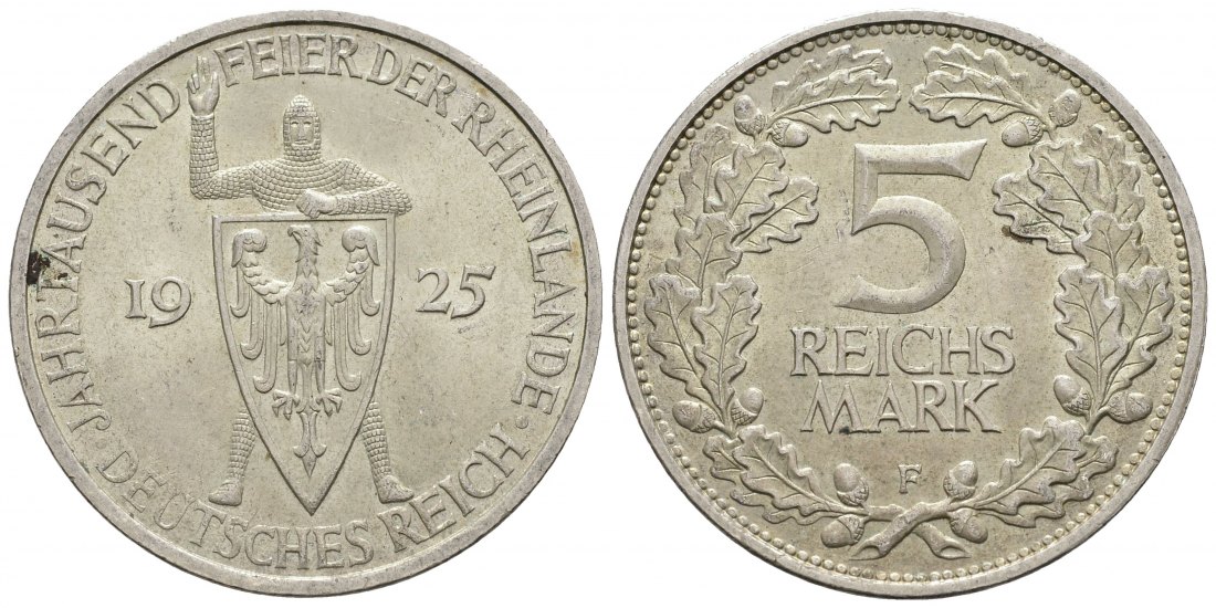 PEUS 9129 Weimarer Republik Jahrtausendfeier Rheinlande 5 Reichsmark 1925 F Vorzüglich / Sehr schön