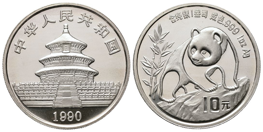 PEUS 4407 China Volksrepublik 31,1 g Feinsilber. Panda Bär auf Fels 10 Yuan SILBER 1990 Proof (in Kapsel)