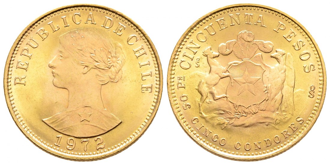 PEUS 9133 Chile 9,15 g Feingold 50 Pesos GOLD 1972 Fast Stempelglanz