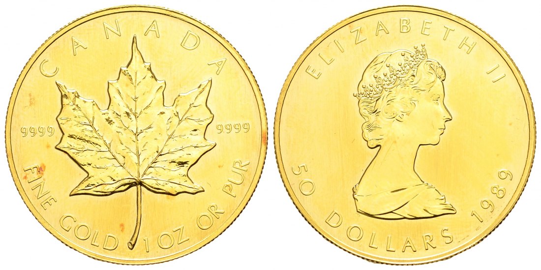 PEUS 9134 Kanada 31,1 g Feingold. Maple Leaf 50 Dollars GOLD Unze 1989 Rote Flecken, vorzüglich