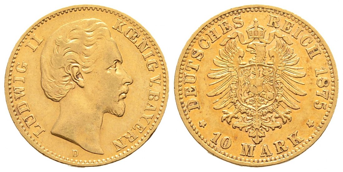 PEUS 9136 Kaiserreich - Bayern 3,58 g Feingold. Ludwig II. (1864-1886) 10 Mark GOLD 1875 D München Sehr schön