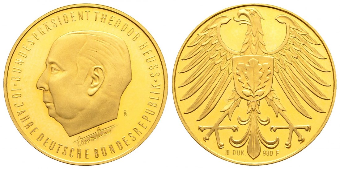 PEUS 9139 BRD 10,3 g Feingold / 25 mm. Theodor Heuss Goldmedaille o.J. Impaired Proof / Vorzüglich aus PP