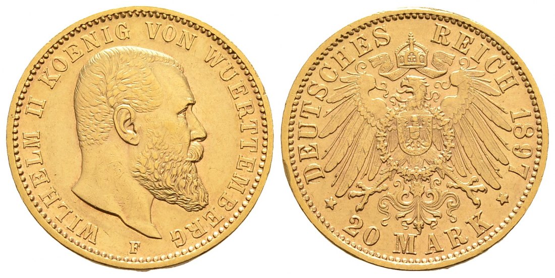 PEUS 9145 Kaiserreich - Württemberg 7,17 g Feingold. Wilhelm II. (1891 - 1918) 20 Mark GOLD 1897 F Stuttgart Sehr schön +