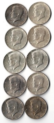  USA  10x Kennedy Half Dollar   1964  FM-Frankfurt Feingewicht: 10x 11,25g Silber sehr schön   