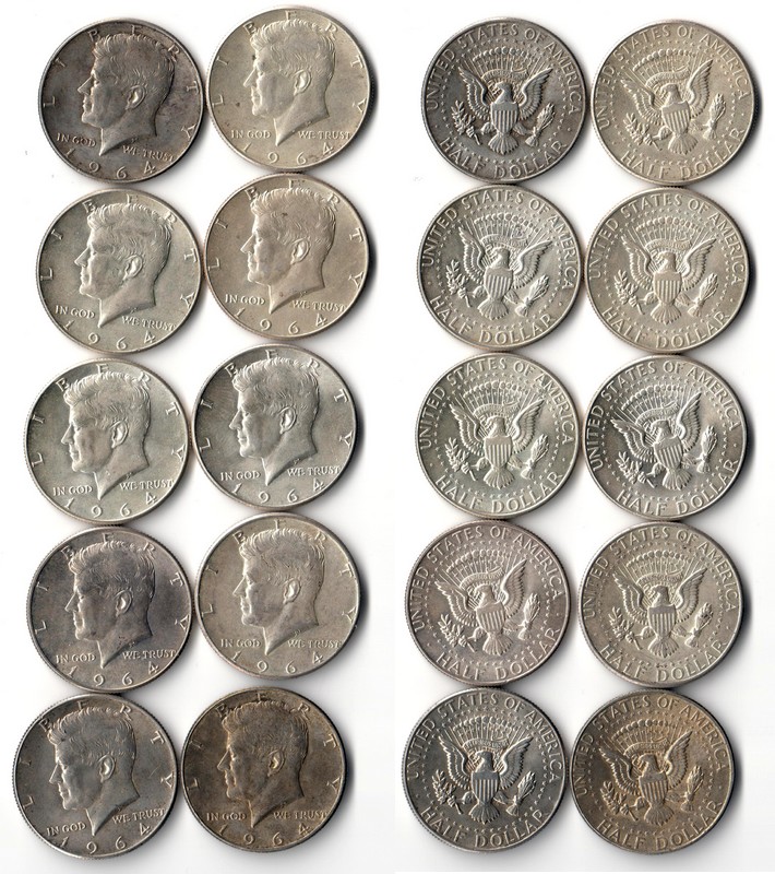  USA  10x Kennedy Half Dollar   1964  FM-Frankfurt Feingewicht: 10x 11,25g Silber sehr schön   