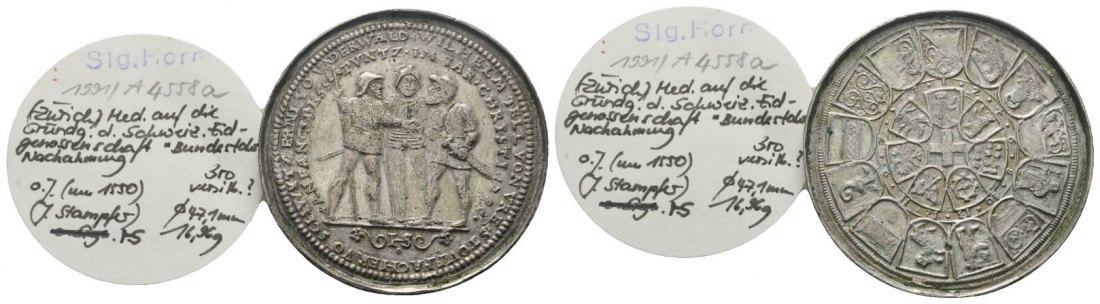  Medaille auf die Gründung der Schweiz, Bronze versilbert, Ø 47mm, 16,96g   