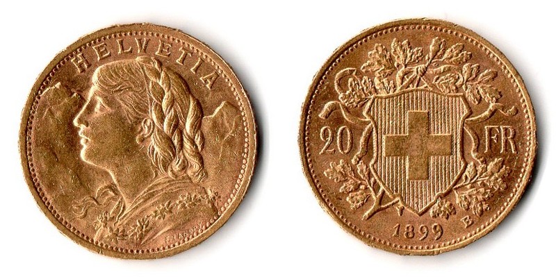 Schweiz MM-Frankfurt Feingewicht: 5,81g Gold 20sFR (Vreneli) 1899 B sehr schön/vorzüglich
