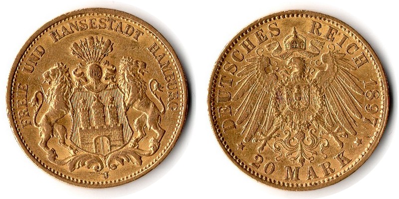 Hamburg, Freie und Hansestadt MM-Frankfurt Feingewicht: 7,17g Gold 20 Mark 1897 J sehr schön