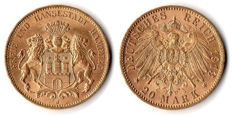 Hamburg, Freie und Hansestadt MM-Frankfurt Feingewicht: 7,17g Gold 20 Mark 1913 J vorzüglich