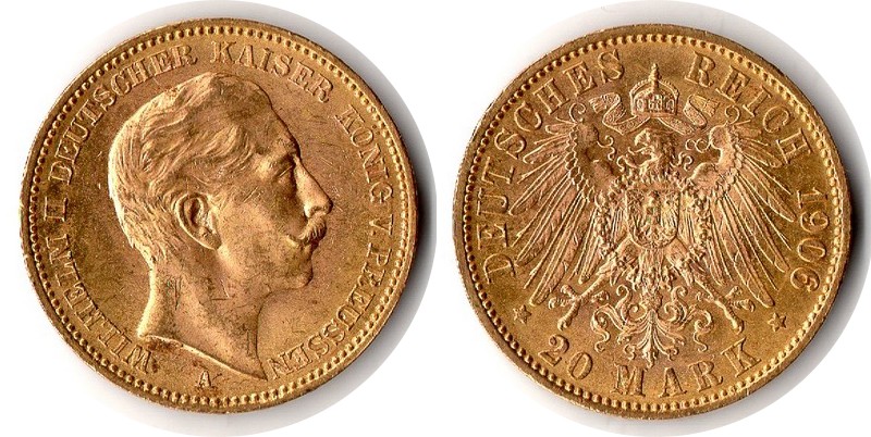 Preussen, Königreich MM-Frankfurt Feingewicht: 7,17g Gold 20 Mark 1906 A sehr schön