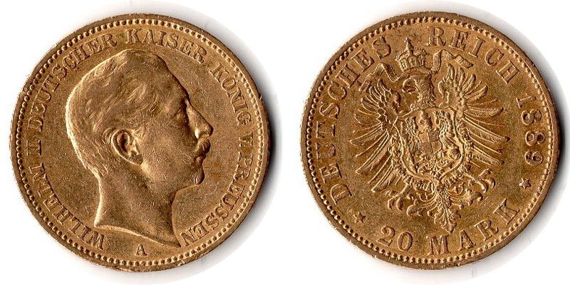 Preussen, Königreich MM-Frankfurt Feingewicht: 7,17g Gold 20 Mark 1889 A sehr schön