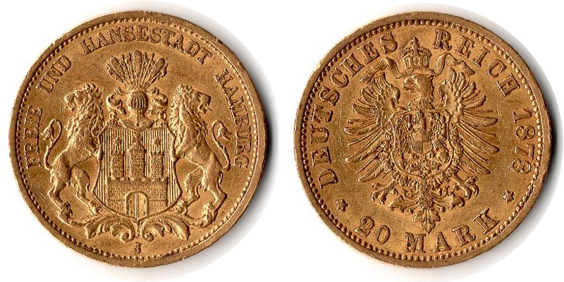 Hamburg, Freie und Hansestadt MM-Frankfurt Feingewicht: 7,17g Gold 20 Mark 1878 J sehr schön