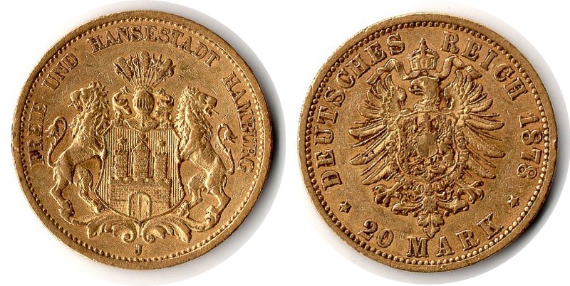 Hamburg, Freie und Hansestadt MM-Frankfurt Feingewicht: 7,17g Gold 20 Mark 1878 J sehr schön(leicht gewölbt)