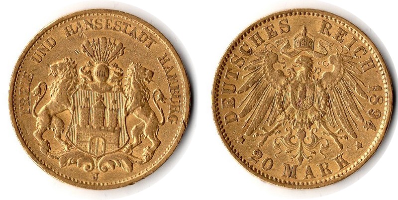 Hamburg, Freie und Hansestadt MM-Frankfurt Feingewicht: 7,17g Gold 20 Mark 1894 J sehr schön