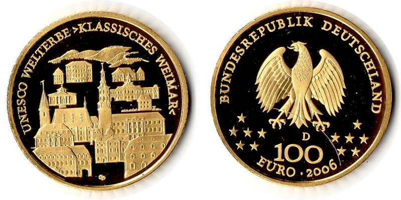 BRD MM-Frankfurt  Feingewicht: 15,55g Gold 100 EUR (Weimar) 2006 D stempelglanz/vz(Kratzer)