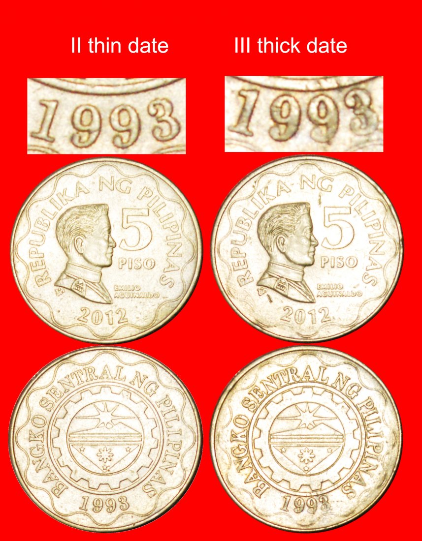  # BANK 1993: PHILIPPINEN ★  5 PISO 2012 ENTDECKUNG MÜNZEN! Emilio Aguinaldo (1869-1964)   