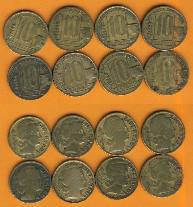 Argentinien Lot 8x 10 Centavos 1942,1943,1945,1946,1947,1948,1949,1950.   
