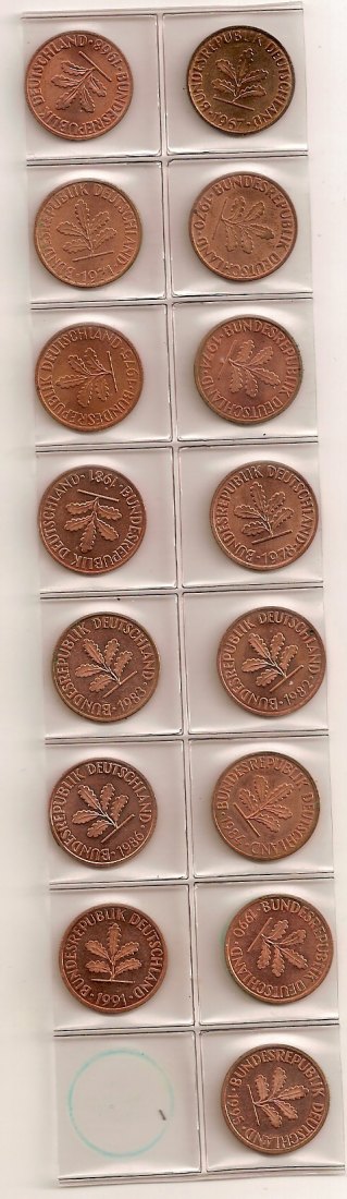  30 x verschiedene  2 Pfennig-Kursmünzen 1950 - 1995   