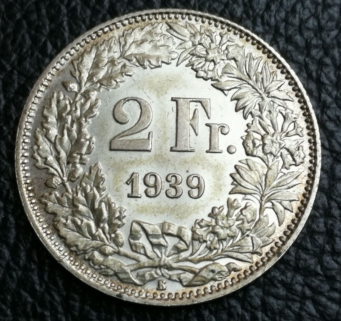  2 Franken Schweiz 1939 B Helvetia prägefrisch Silber XXL Bilder Erhaltung !!   