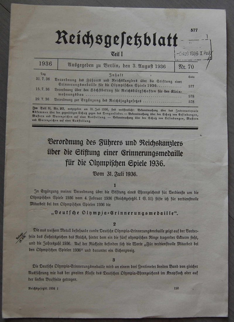  1936 Drittes Reich Olympia 1936 Reichsgesetzblatt   
