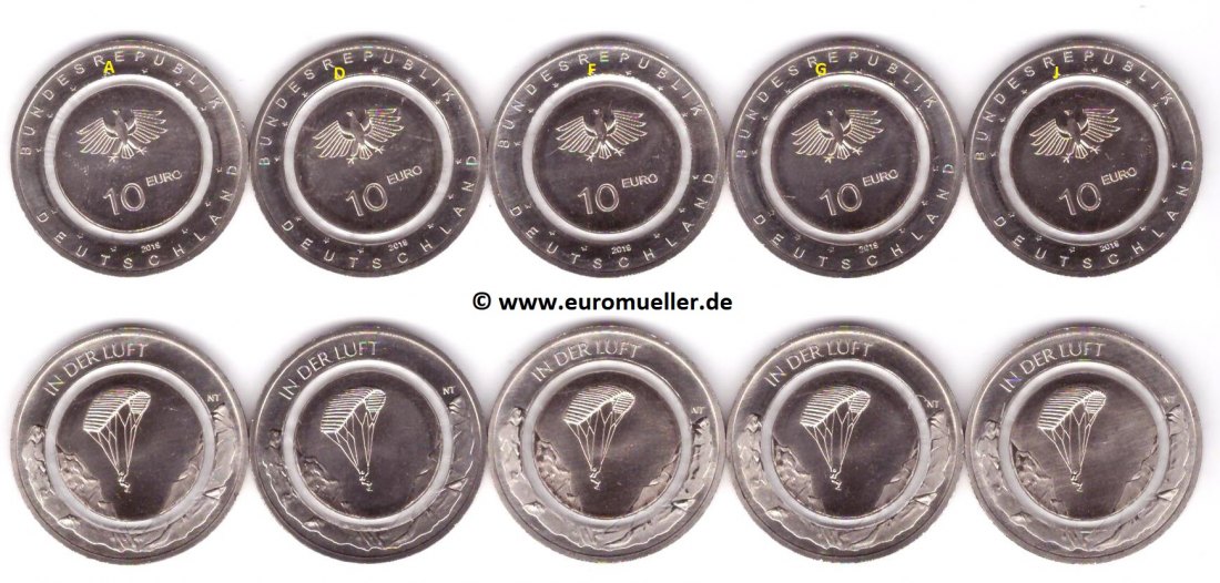 Deutschland 5x 10 Euro Gedenkmünze 2019...In der Luft...A/D/F/G/J   