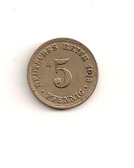  Kaiserreich, 5 Pfennig 1913 D, sehr schön   
