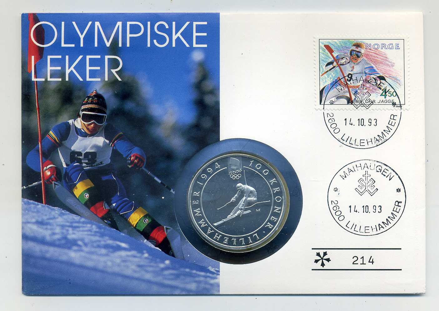  Numisbrief Olympia Lillehammer 1994 mit 100 Kronen 1993 Skifahren PP sehr selten   