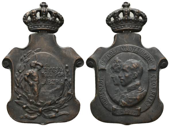  Spanien, Medaille 1925; Bronze, mit beweglicher Krone; 25,57 g, 54 x 37 mm   