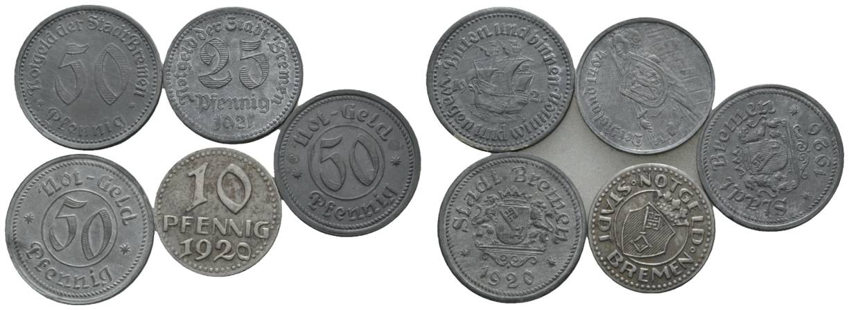  Bremen; Notgeld; fünf Kleinmünzen; 1920 / 1921   