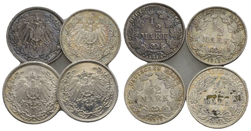  Kaiserreich, 1/2 Mark, J.16 (4 Kleinmünzen 1918/1913/1916/1914)   