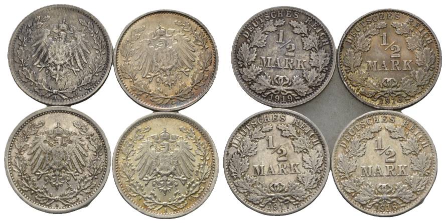  Kaiserreich, 1/2 Mark, J.16 (4 Kleinmünzen 1919/1916/1917/1916)   