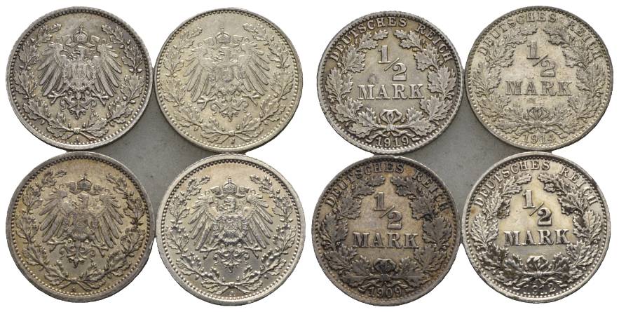  Kaiserreich, 1/2 Mark, J.16 (4 Kleinmünzen 1919/1914/1909/1912)   