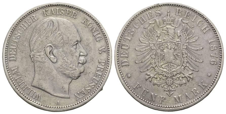  Preußen, 5 Mark 1876, Randfehler, bearbeitet   