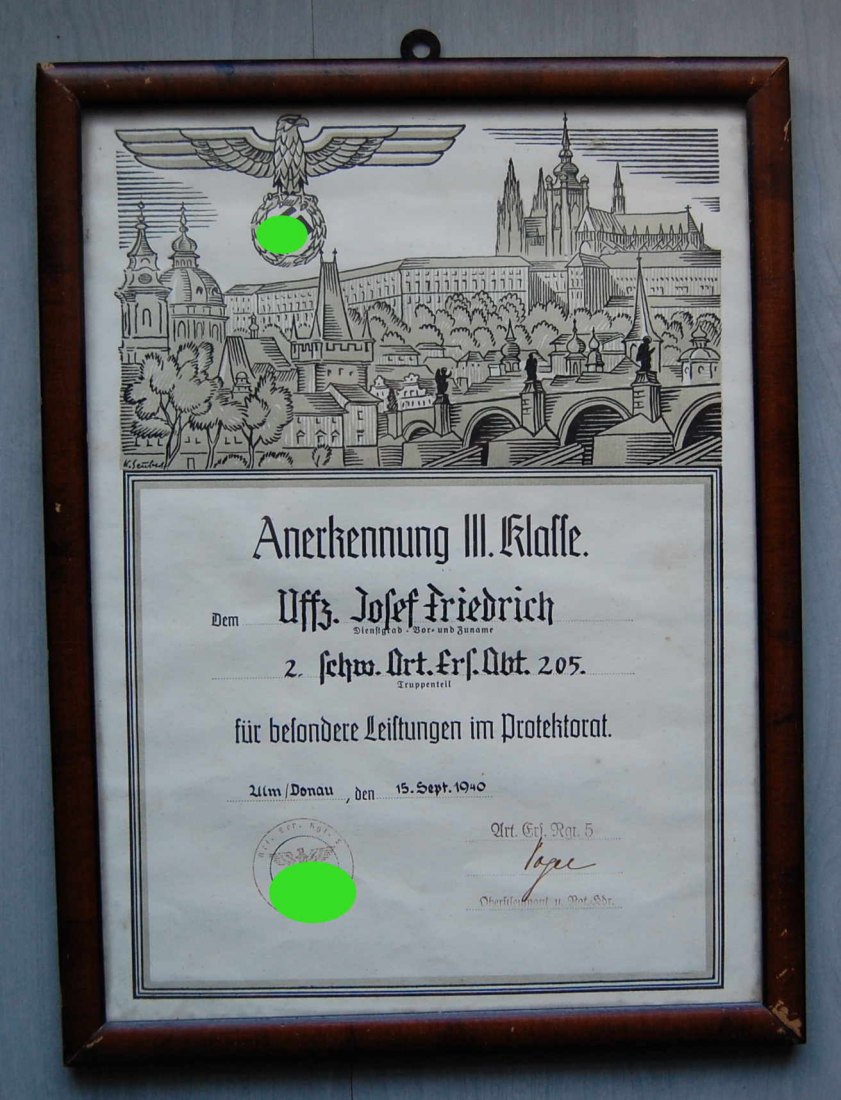  Urkunde Anerkennung III KLasse für besondere Leistungen im Protektorat 1940   