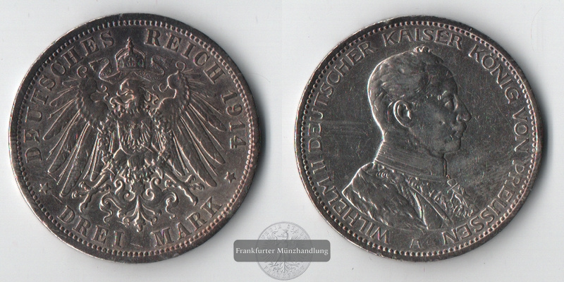  Preussen, Kaiserreich  3 Mark  1914 A  Wilhelm II. 1888-1918   FM-Frankfurt Feinsilber: 15g   