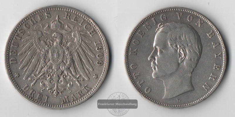  Bayern, Kaiserreich  3 Mark  1909 D  Otto 1886-1913     FM-Frankfurt   Feinsilber: 15g   