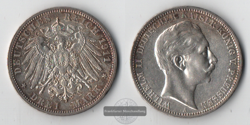  Preussen, Kaiserreich  3 Mark  1911 A  Wilhelm II. 1888-1918   FM-Frankfurt  Feinsilber: 15g   
