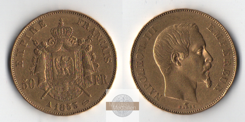 Frankreich MM-Frankfurt Feingewicht: 14,52g Gold 50 Francs 1855 A 