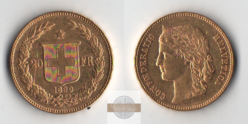 Schweiz  20sFR  1890 B MM-Frankfurt Feingold: 5,81g Helvetica  