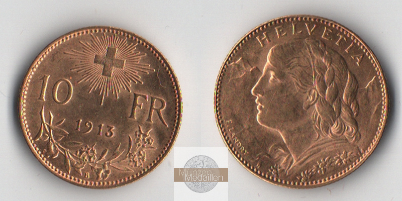 Schweiz  10 sFR  1913 B MM-Frankfurt Feingold: 2,90g 1/2 Vreneli  