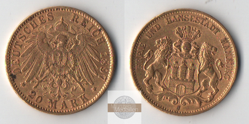 Hamburg, Kaiserreich   20 Mark MM-Frankfurt Feingold: 7,17g 1897 J  