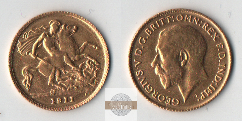 Grossbritannien MM-Frankfurt Feingewicht: 3,66g Gold 1/2 Sovereign 1911 