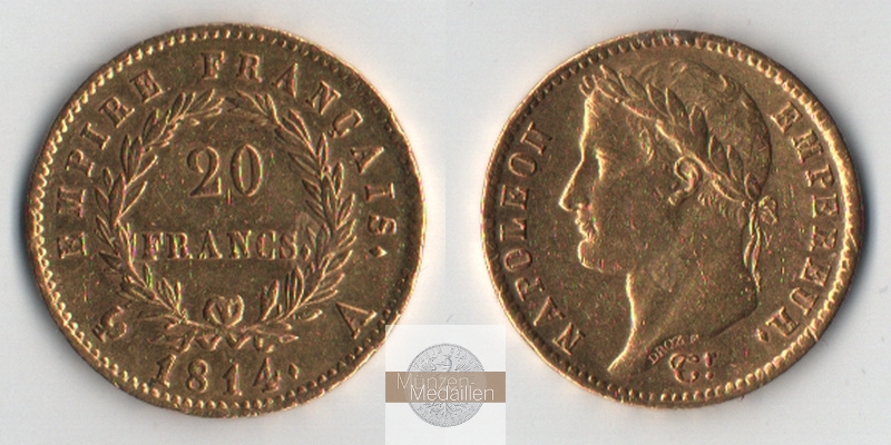 Frankreich  20 Francs  1814 A MM-Frankfurt   Feinsilber: 5,81g Napoleon I  