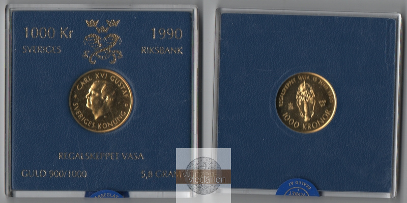 Schweden  1000 Kronen  1990 MM-Frankfurt Feingold: 5,22g Gold Carl XVI Gustaf / Die Vasa - Arme  