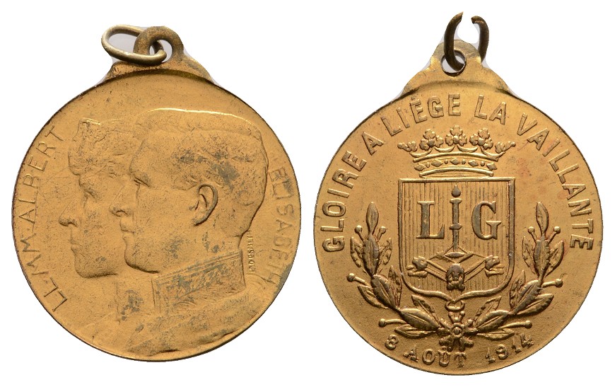 Linnartz 1. Weltkrieg - BELGIEN, Lüttich, Tragbare Bronze Tapferkeitsmed. 1914, 28 mm. vz   