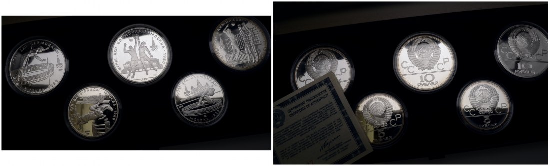 PEUS 3131 Russland / UDSSR Insg. 120 g Feinsilber. Olympiade Moskau incl. Originaletui Olympiade Rubel Set (5 Münzen) 1978 + 79 Proof / Uncirculated