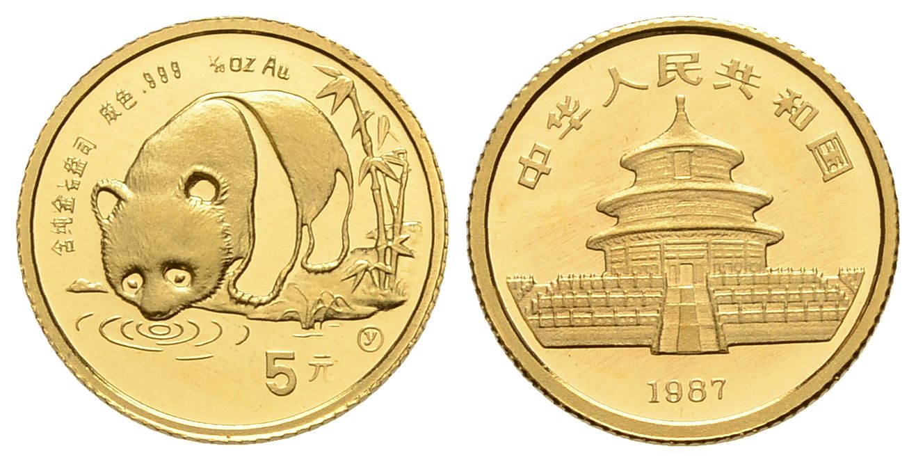 PEUS 3133 China 1,56 g Feingold. Trinkender Panda. 5 Yuan GOLD 1/20 Unze 1987 Y Uncirculated