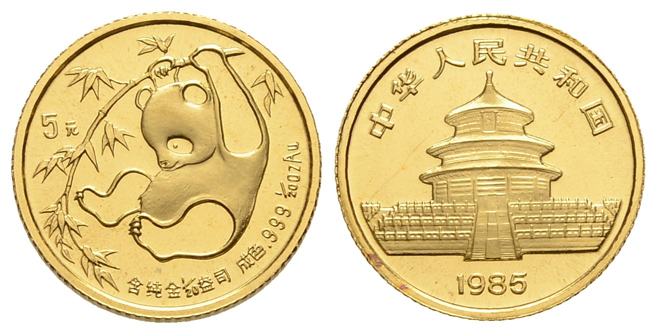 PEUS 3135 China 1,56 g Feingold. Panda hängt am Ast 5 Yuan GOLD 1/20 Unze 1985 Uncirculated